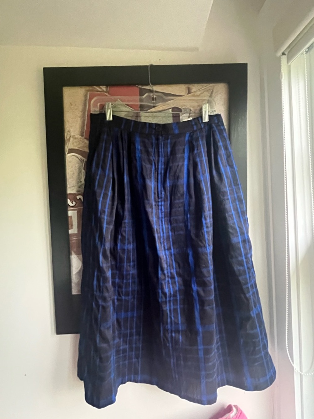 Vintage 💯 Raw Silk Susan Bristol Blue Black Check Plaid Midi Skirt